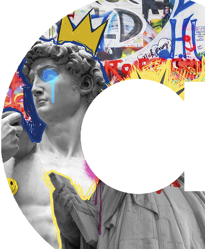 Ilustração de estilo urbano combinando uma estátua clássica com grafitis coloridos dentro da letra C.